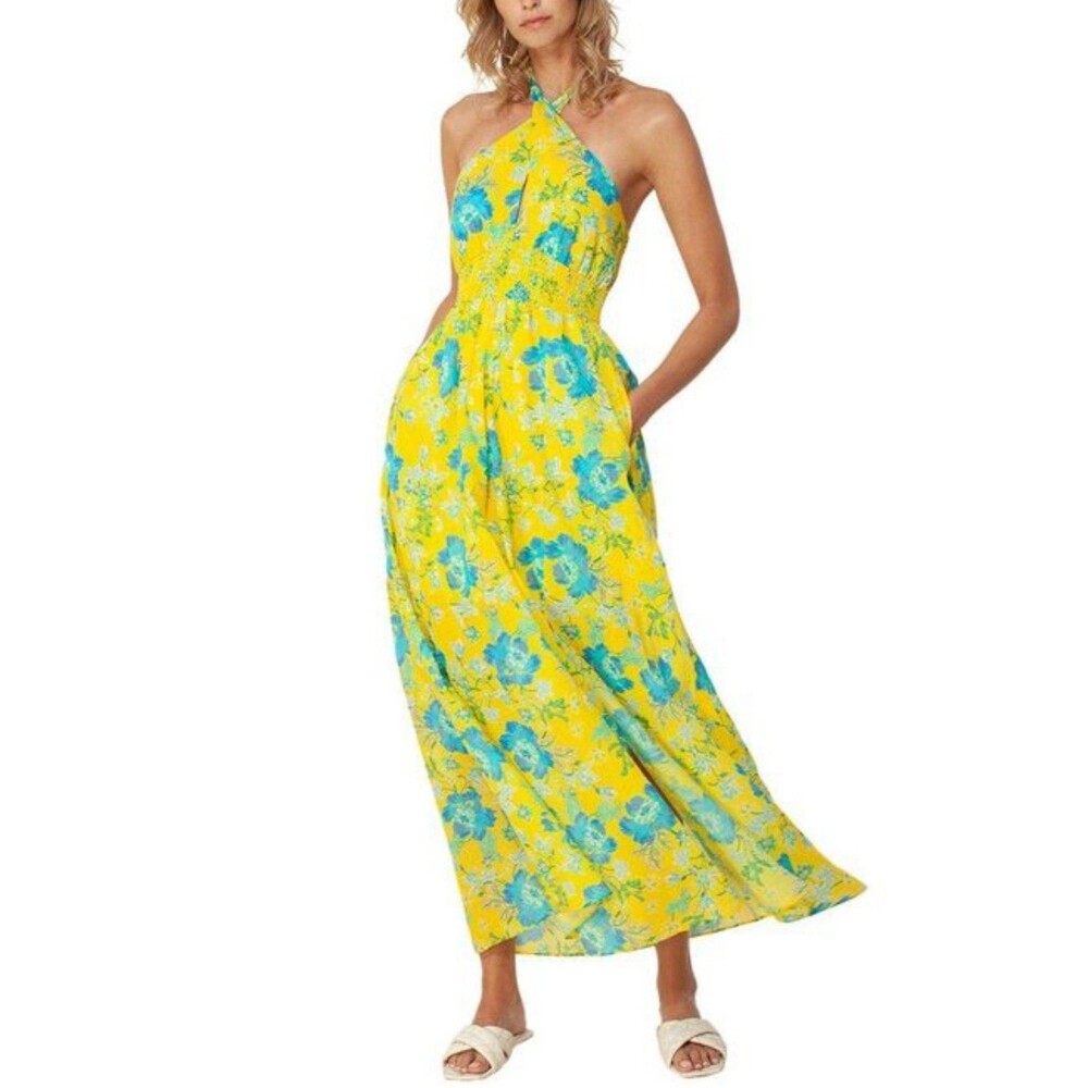 Hale Bob Maxi Dress Yellow Blue Floral Halter Dress Women’s Size Large $272